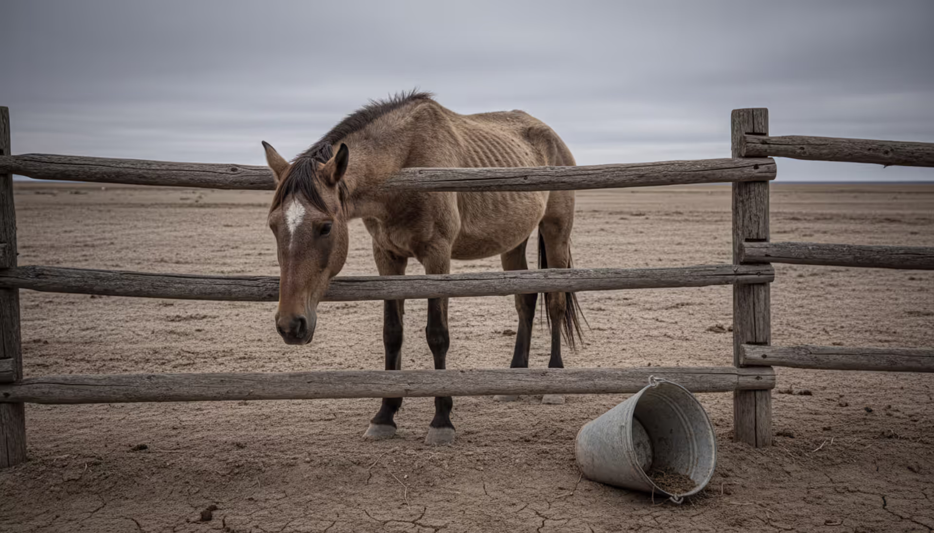 Thin neglected horse standing behind a wooden fence on dry barren land with an empty water bucket nearby under an overcast sky