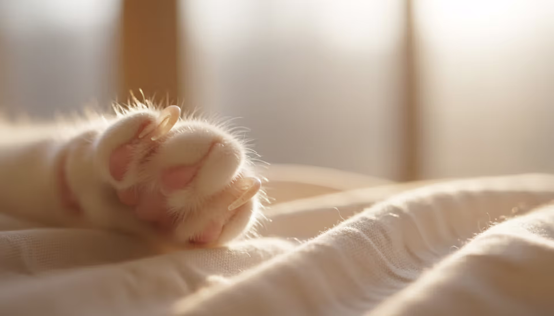 Close-up of a healthy cat paw with extended claws resting on soft light fabric in warm natural light