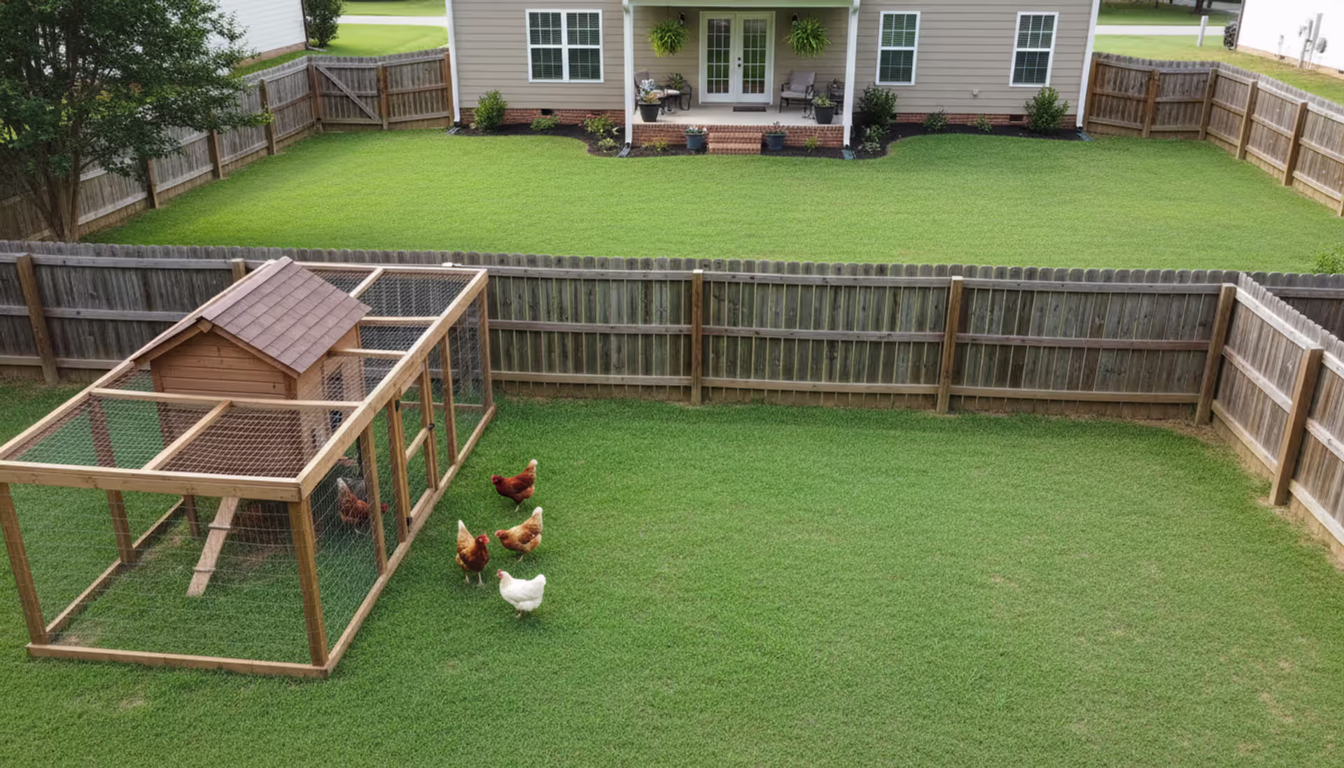 Aerial view of a suburban backyard in North Carolina with a small wooden chicken coop and several hens walking on green grass near a residential home