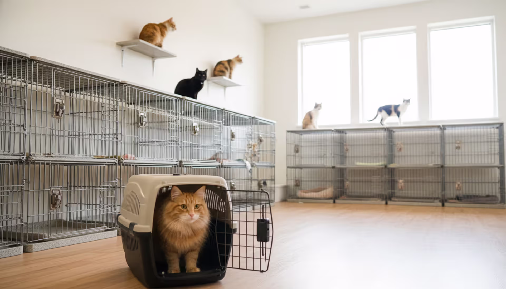 A ginger cat peeking out of an open carrier inside a bright, clean no-kill cat shelter with other cats resting on soft beds in the background
