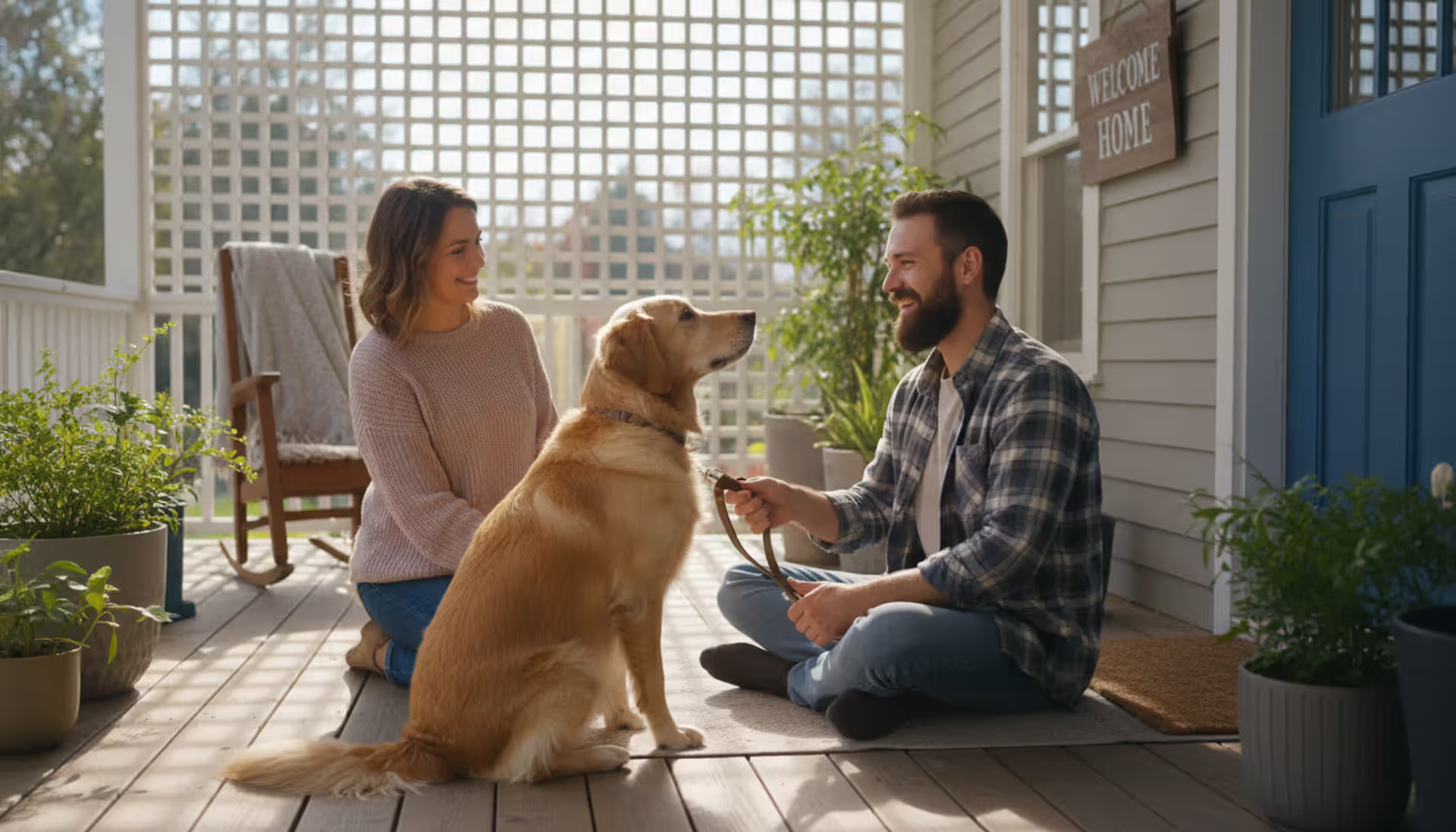 A Labrador retriever sitting calmly while its leash is being handed from one person to another on a sunny house porch, symbolizing the dog rehoming process