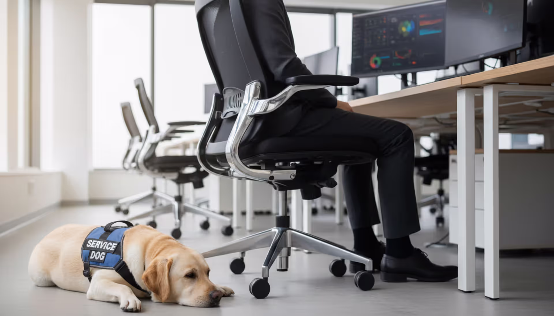 A trained Labrador retriever service dog wearing a vest lying calmly beside its handler at an office desk in a modern workplace