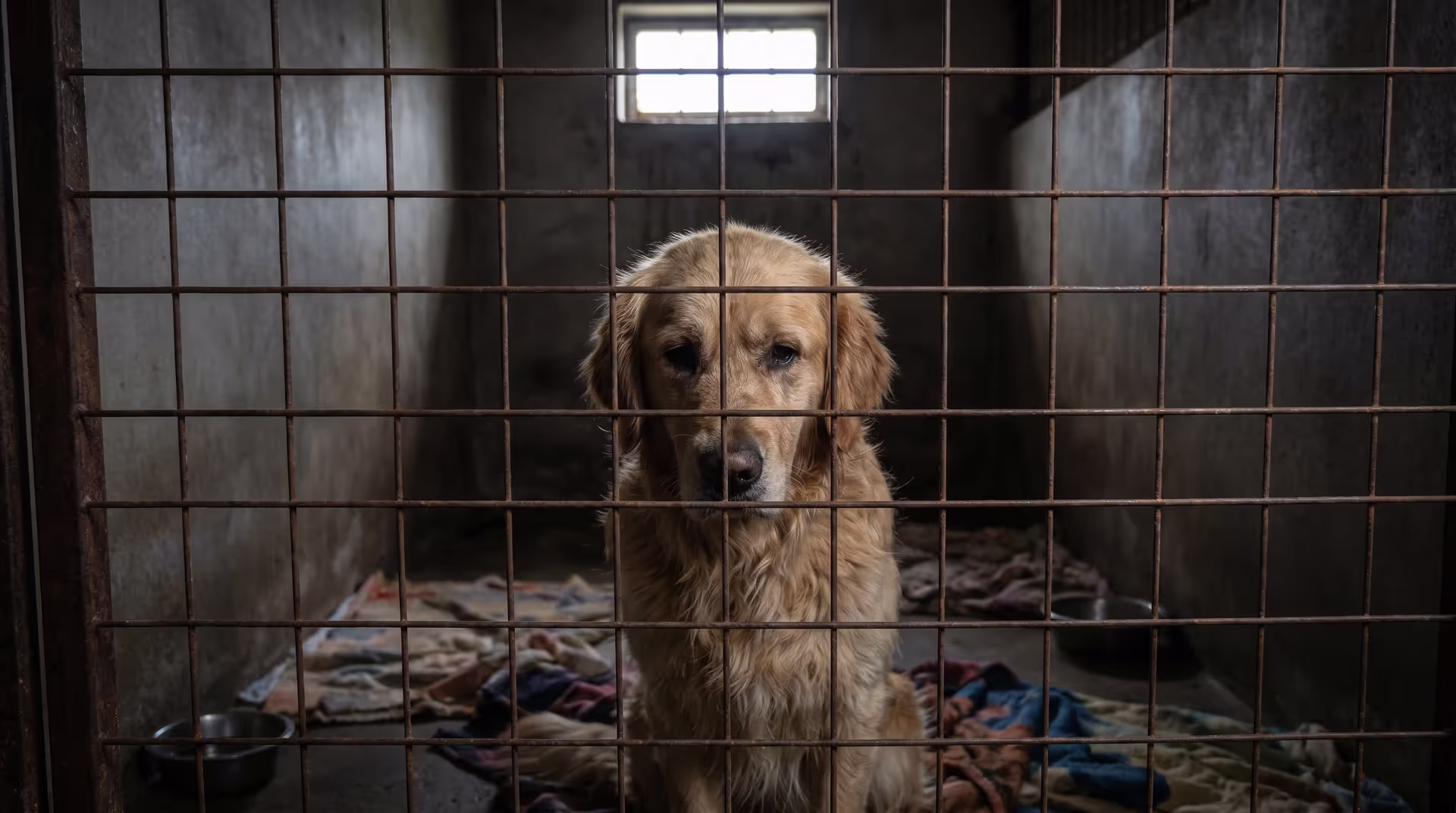 Sad golden retriever dog sitting behind wire cage bars in a dimly lit facility looking directly at the camera with sorrowful eyes