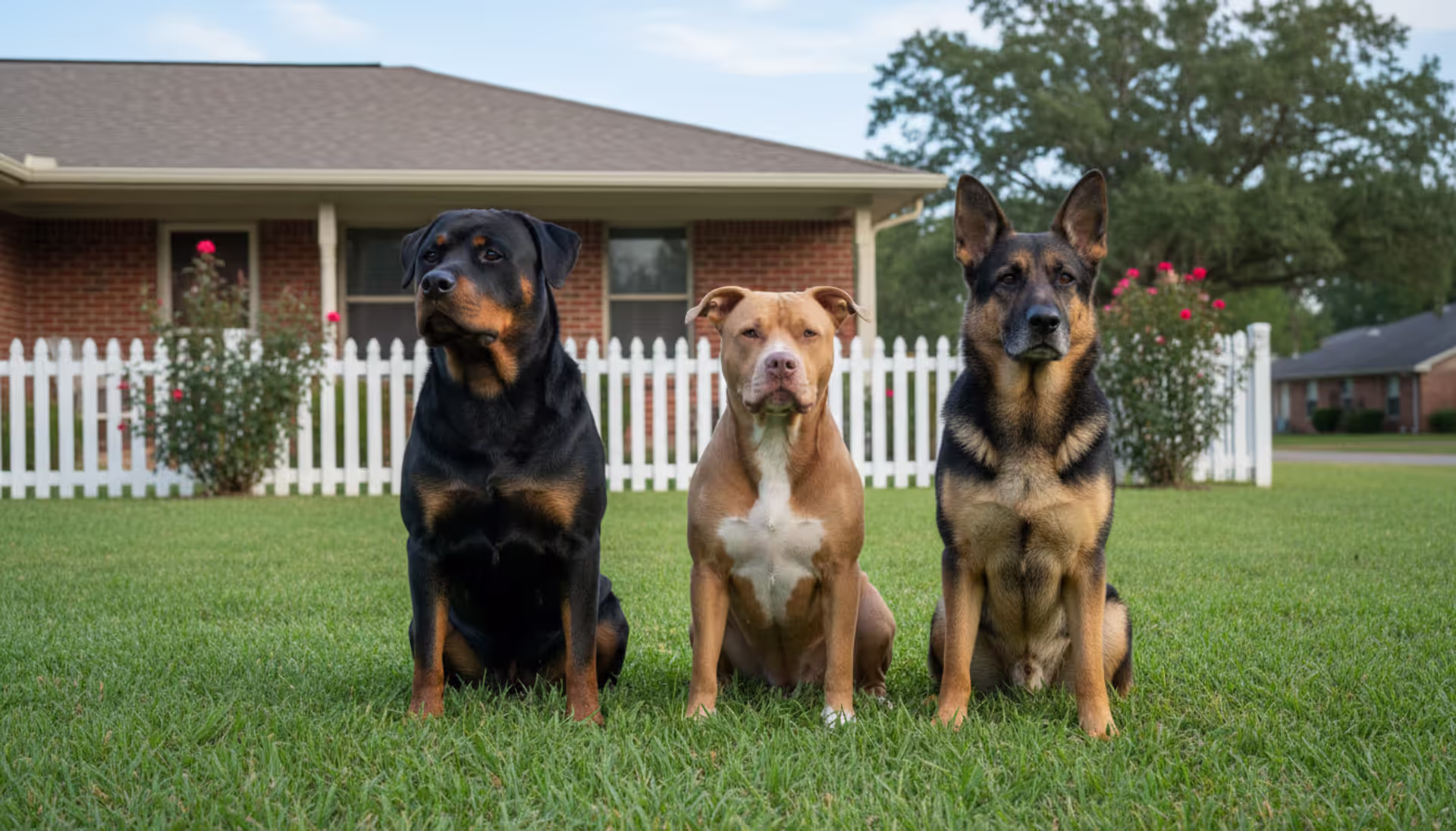 Three calm dogs — a pit bull, a Rottweiler, and a German Shepherd — sitting together on a green lawn in front of a suburban house with a white fence